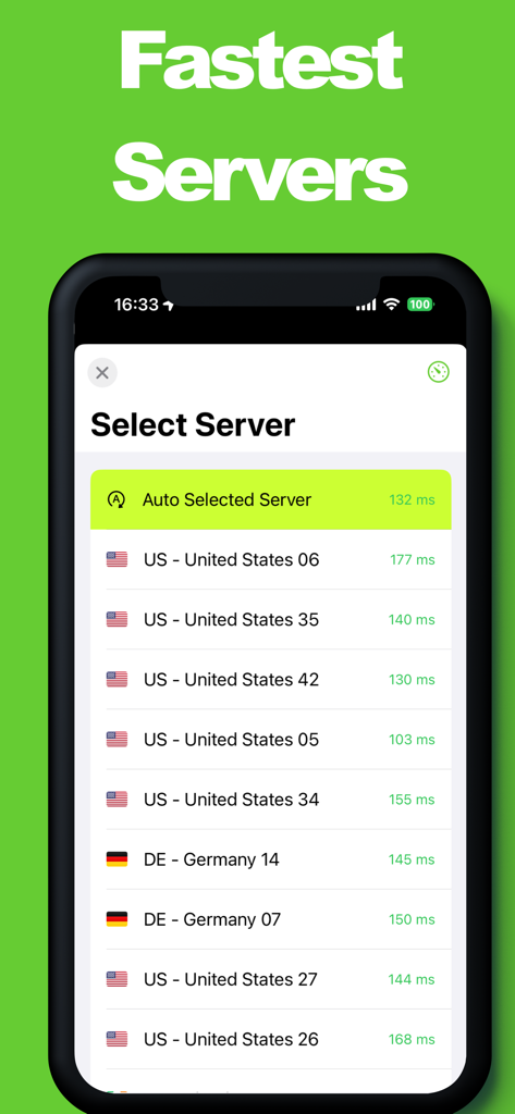 ZenVPN mobile app screen showing a list of fast servers in the US and Germany with latency data