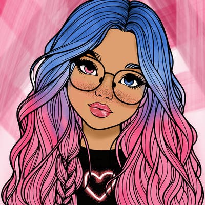 girl with long hair and freckles and glasses realistic