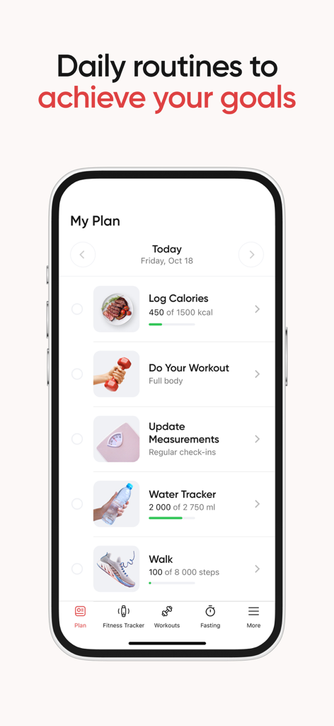 BetterMe app interface showing daily health routines including calorie tracking and workouts