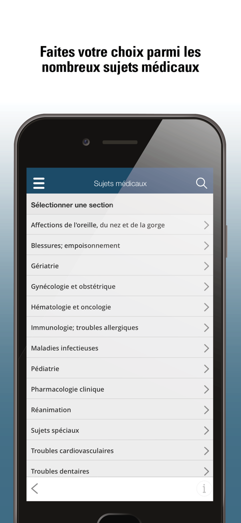 Le Manuel MSD Professionnel - Liste des spécialités et sujets médicaux dans la version française de l'application Le Manuel MSD pour les professionnels.