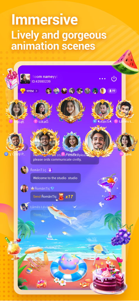 Sala de chat de voz em grupo animada no aplicativo Echo com molduras decorativas de avatar e um fundo animado de praia.