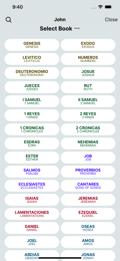 Digital Bible - Bilingual book selection screen in the Digital Bible app showing Spanish and English titles.