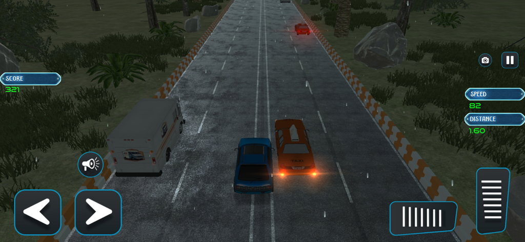 Fast Car Traffic Racing - A top-down view of a blue sports car dodging traffic between a van and a taxi on a highway.