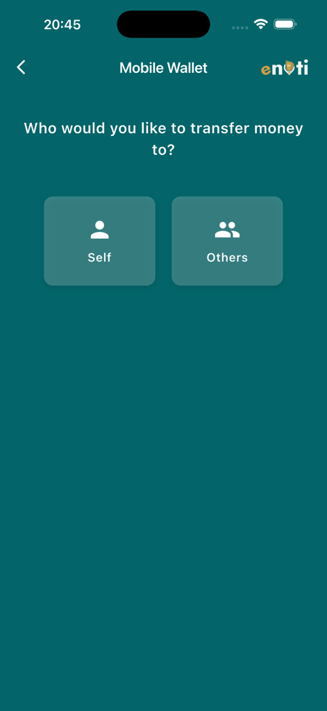 Enoti app mobile wallet screen showing options to transfer money to self or others