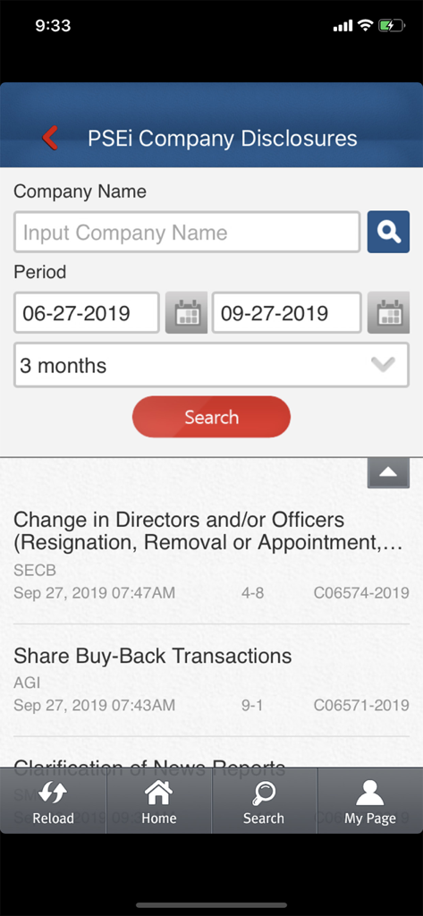 PSE EDGE - Search interface for company disclosures on the PSE EDGE mobile app showing search bars and recent disclosure results