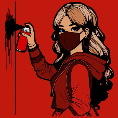 realistic girl with mask spray painting a wall