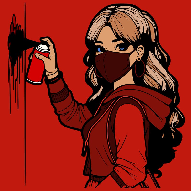 realistic girl with mask spray painting a wall