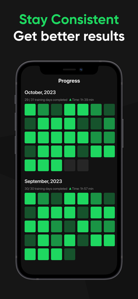 Kegel Gym: Men's Health Coach - Kegel Gym app progress screen showing a monthly training consistency heatmap with green squares indicating completed daily workouts.