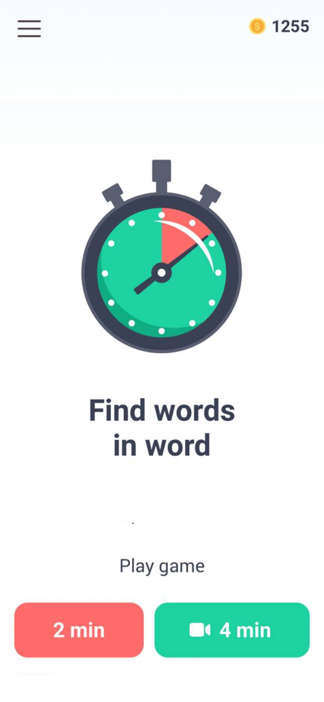 Find Words in Word - Typer - Selection screen for the Find Words in Word Typer app showing two and four minute timed game modes with a stopwatch icon.