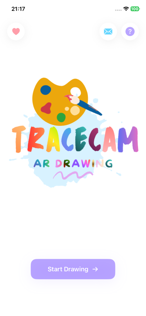 AR Drawing - TraceCam - Tela inicial do aplicativo AR Drawing TraceCam com um logotipo colorido com uma paleta de tintas e um botão Iniciar Desenho.