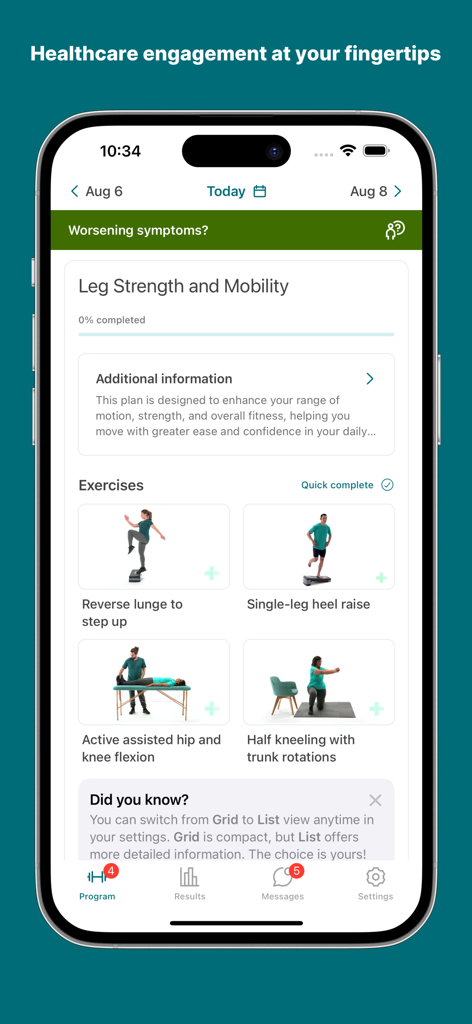 Vita-Health - Interface do aplicativo Vita Health mostrando um programa prescrito de exercícios de força e mobilidade para as pernas com vídeos guiados