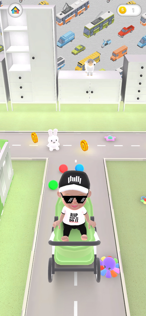 Virtual baby wearing sunglasses and a cap while riding in a green stroller during a mini game.