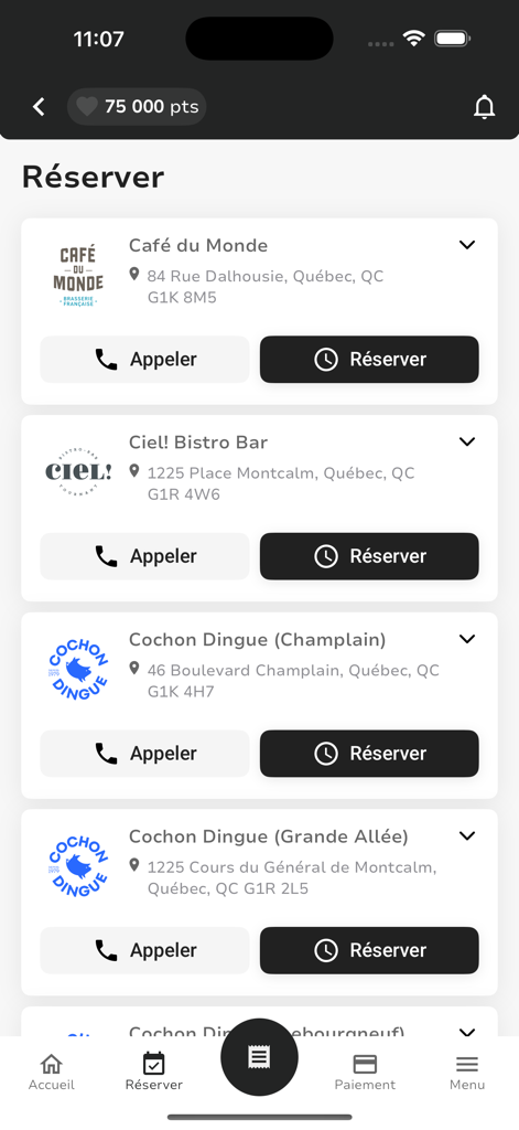 Plaisirs et Privilèges - Reservation screen of the Plaisirs et Privileges app displaying a list of restaurants in Quebec with booking and call options