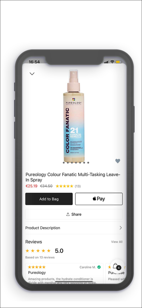 Cloud 10 Beauty - Página do produto para spray de cabelo Pureology no aplicativo móvel Cloud 10 Beauty mostrando preço e avaliações