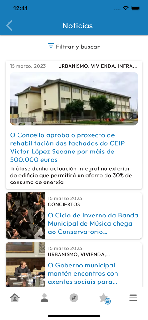 App Coruña - Um feed de notícias no aplicativo App Coruna mostrando atualizações da cidade local e eventos culturais.
