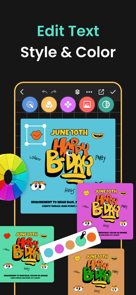 Social Media Post & Ad Maker - Interfaz de aplicación móvil que muestra cómo editar el estilo y color del texto para una publicación de redes sociales de Feliz Cumpleaños con varios temas de color y una rueda de colores.