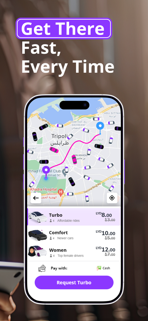 توربو | Turbo: Request a Ride - A mobile phone displaying the Turbo ride hailing app with a map and different trip options like Turbo and Comfort
