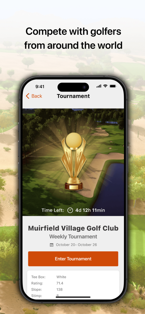 Home Tee Hero - Smartphone screen displaying a weekly virtual golf tournament at Muirfield Village Golf Club in the Home Tee Hero app.