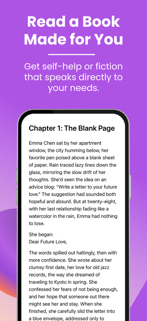 BookAI – Your Book Creator - Mobile screenshot of BookAI app displaying a fiction story chapter titled The Blank Page
