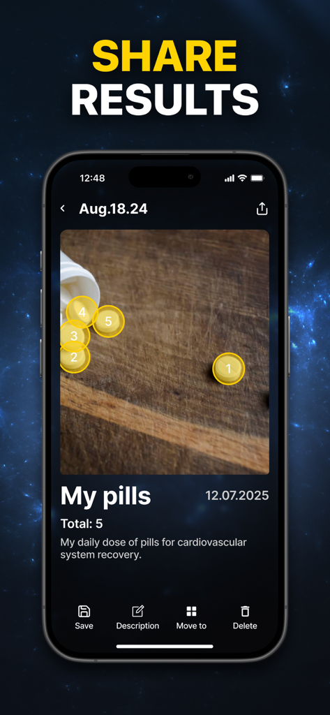 App interface showing counted pills on a wooden surface with a total of five and options to share or save results