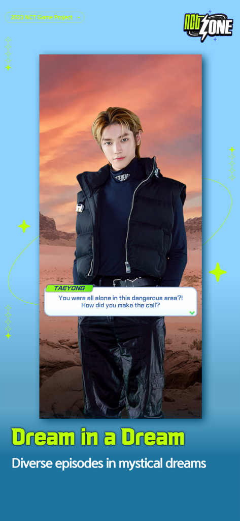 NCT ZONE - NCT member Taeyong in the Dream in a Dream story mode within the NCT ZONE mobile app