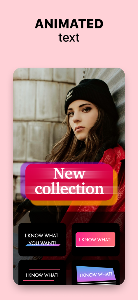 ReelMaker - Video Templates - A mobile screen showing the ReelMaker app interface with animated text styles and a New collection banner over a video background.