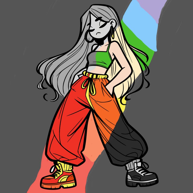 girl in baggy pants crop top and long hair
