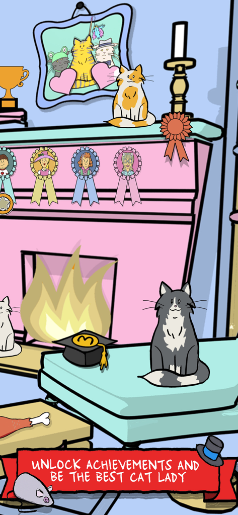 Cat Lady - The Card Game - 暖炉とマントルピースにいくつかの達成リボンがある居心地の良い部屋に座っている漫画の猫。