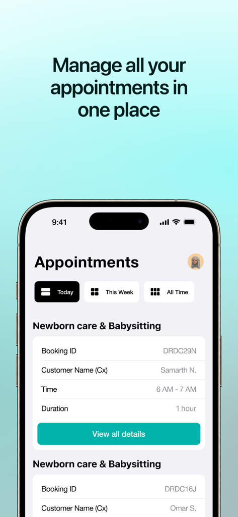 DarLink - Interface of DarLink app showing clinician appointment details and booking management for newborn care services.