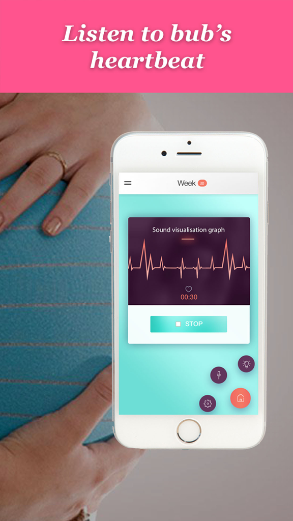 A prenatal listener app interface on a smartphone showing a sound visualization graph of a fetal heartbeat