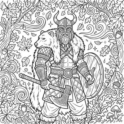 Embrace the spirit of a fierce Norse warrior amidst a stunning autumn backdrop. This detailed adult coloring page offers an engaging challenge for experienced colorists.