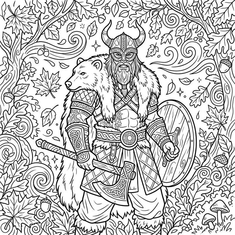Embrace the spirit of a fierce Norse warrior amidst a stunning autumn backdrop. This detailed adult coloring page offers an engaging challenge for experienced colorists.