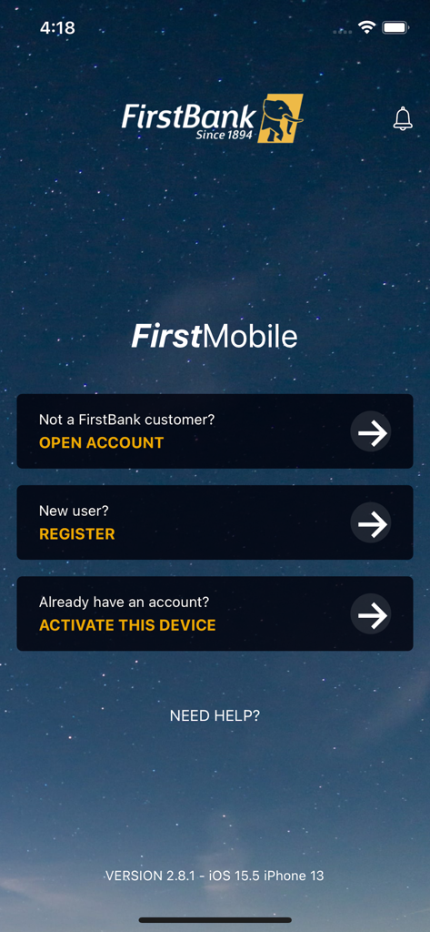 FirstMobile app onboarding screen with options to open an account register or activate a device