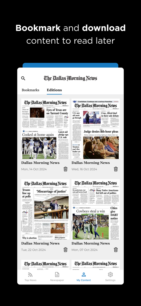 Screenshot of The Dallas Morning News app showing the bookmark and download feature for digital newspaper editions.