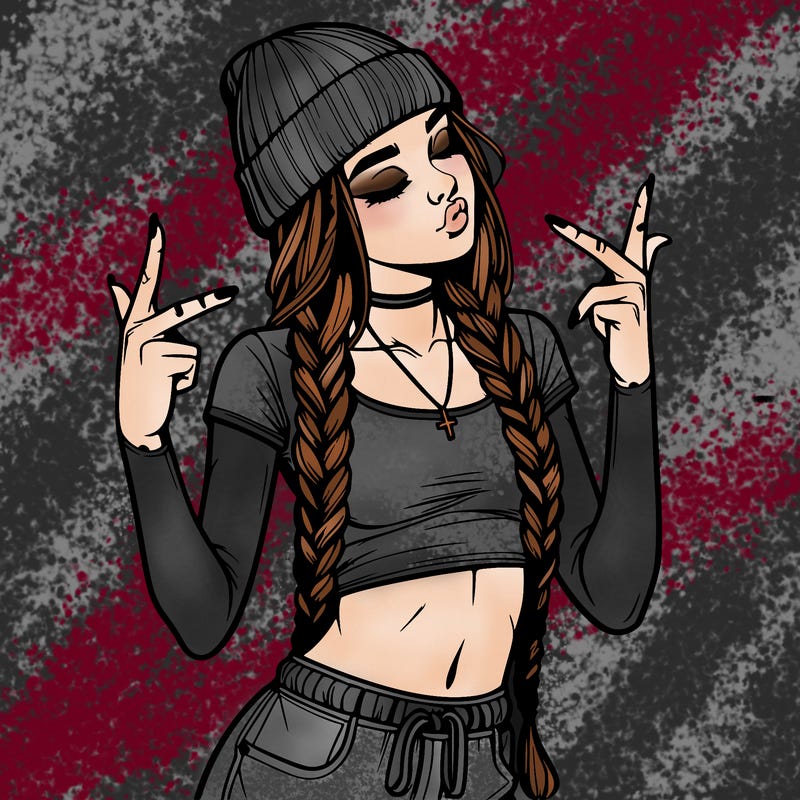 realistic teenage girl with braids and a beanie and crop top doing 🫶🏼