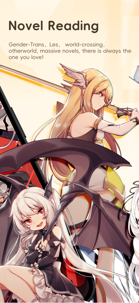 Graphique promotionnel pour la lecture de romans LoloBun mettant en scène des personnages d'anime avec des ailes et des épées.