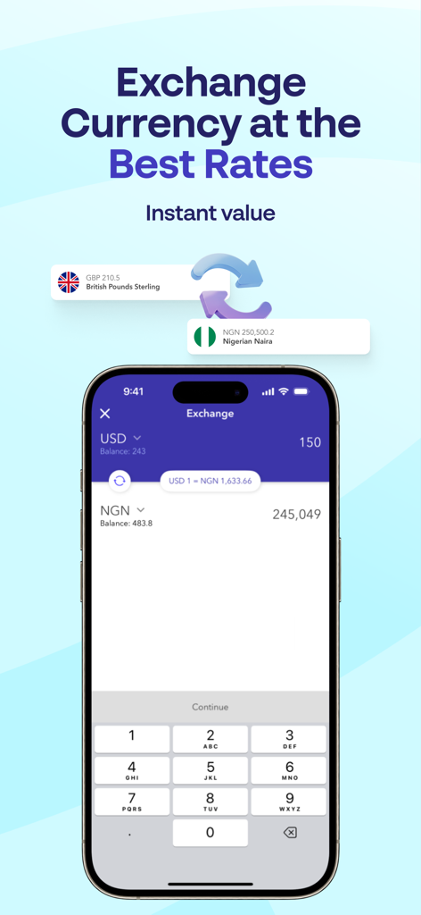 Eversend - the money app - Eversend mobile app screen showing currency exchange from US Dollars to Nigerian Naira with real-time rates.