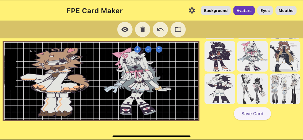 FPE OC Maker : Game Avatar - User interface of the FPE OC Maker app featuring custom characters on a grid canvas with editing tools