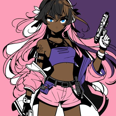 bad girl wearing crop top holding a gun long hair anime