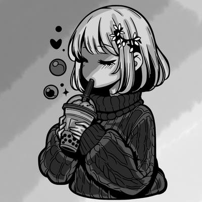 manga girl drinking boba in cozy sweater