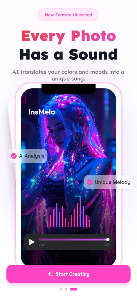 Music Maker AI Songs: InsMelo - Interfaz de la aplicación InsMelo mostrando la generación de música IA a partir de una foto colorida