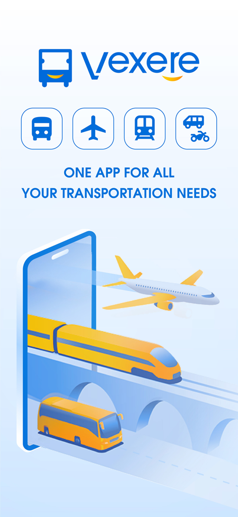 Vexere mobile app showing bus flight and train booking services emerging from a smartphone
