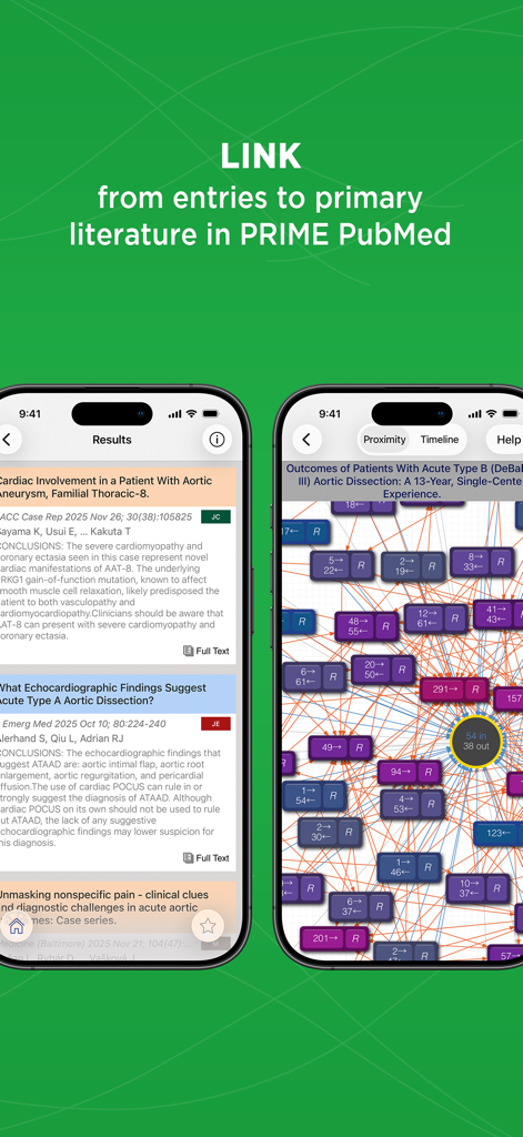 Capturas de pantalla de la aplicación Washington Manual que muestran resultados de búsqueda de PubMed y un gráfico visual de las relaciones de la literatura médica