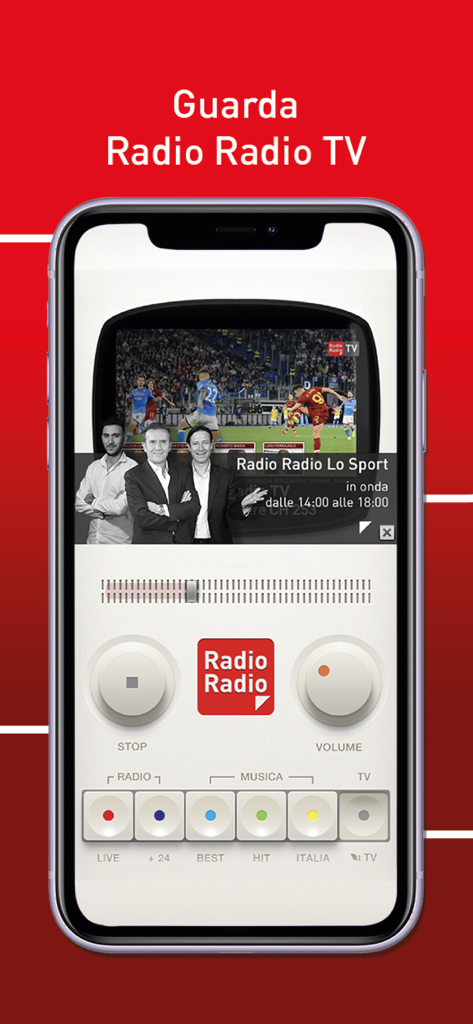 Schermo di uno smartphone che mostra l'app Radio Radio con una trasmissione video in diretta e controlli radio