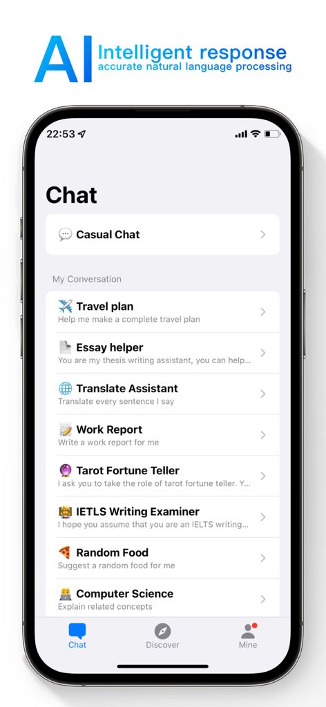 OneAI - AI Chat & AI Write - OneAI mobile app screen displaying various AI chat categories including travel planning, essay helper, and work reports.