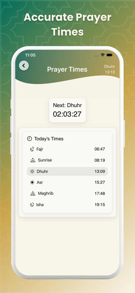 Ikra: Quran, Prayer and Dhikr - Ikraアプリのインターフェース。正確な毎日のイスラム祈りの時間と次の祈りまでのカウントダウンが表示されています。