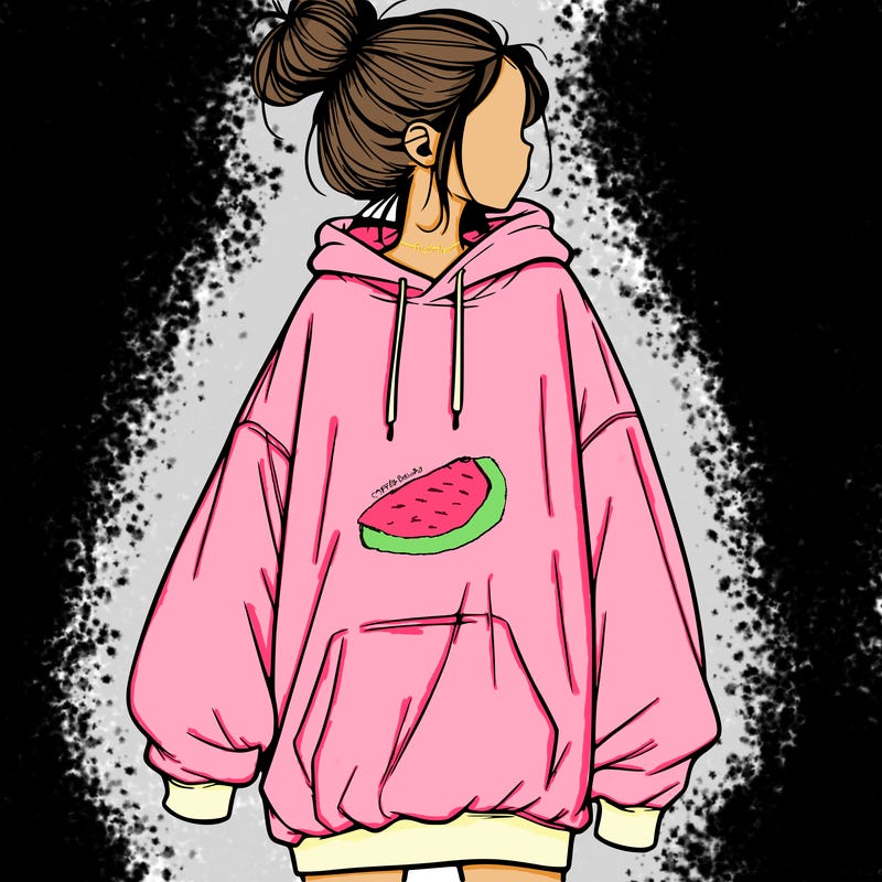 realistic girl with a oversized sweatshirt on and a bun