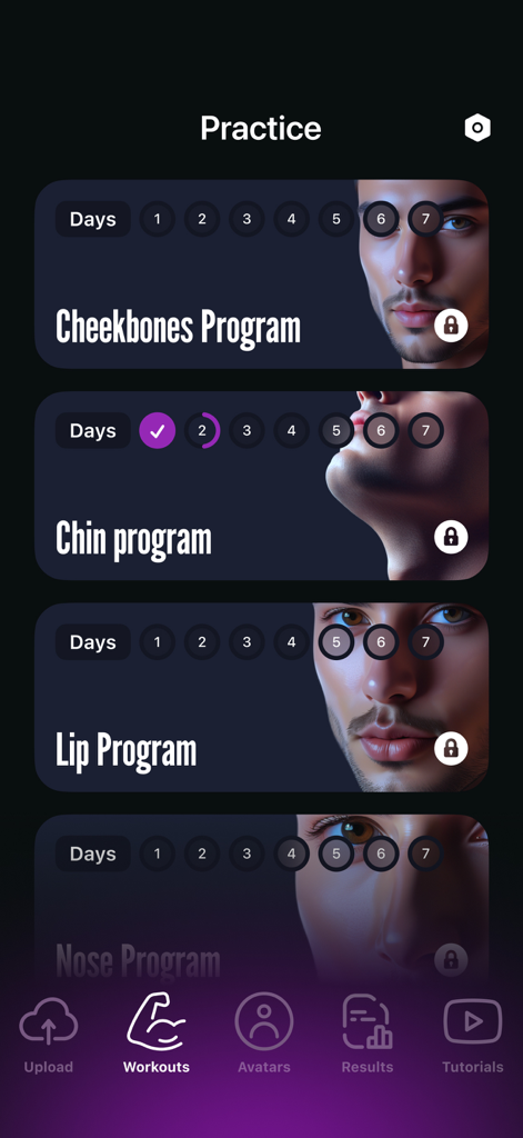 LooksMax Rating AI, Face Rater - Tela do aplicativo LooksMax AI mostrando programas de melhoria facial para maçãs do rosto, queixo e lábios.