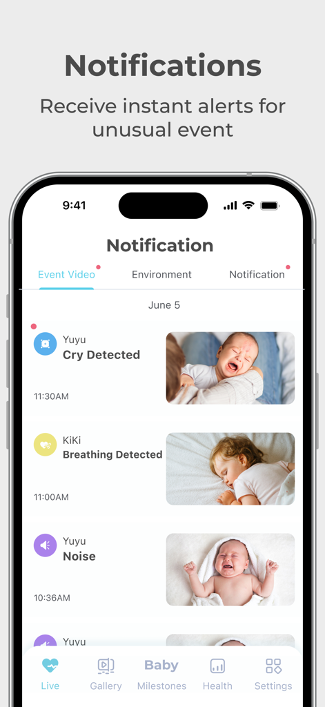 Lollipop - Smart baby monitor - Pantalla de notificaciones de la aplicación del monitor de bebés Lollipop que muestra alertas de llanto y respiración