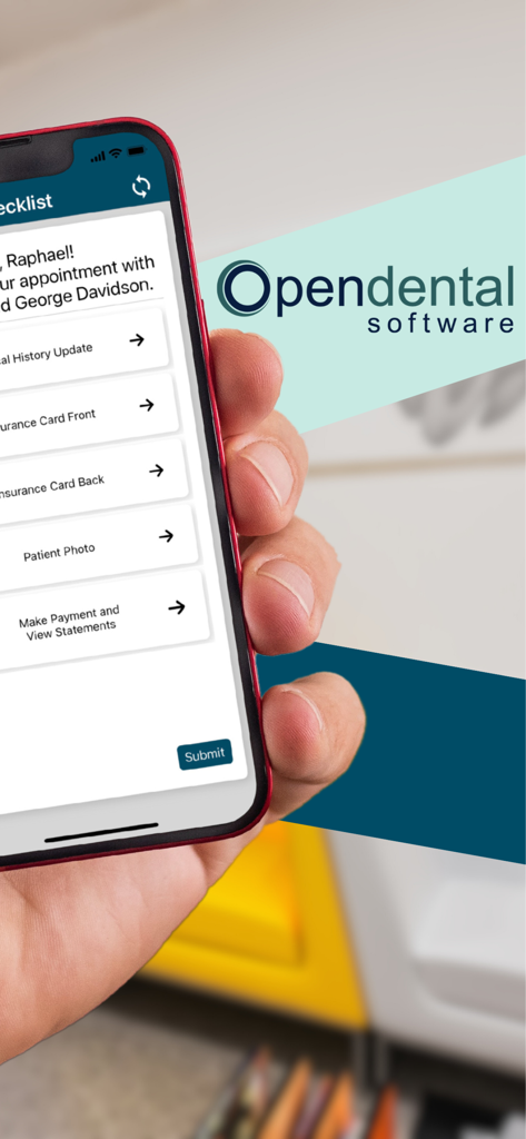 eClipboard 24 - Smartphone showing the eClipboard 24 app with a patient check-in checklist and Open Dental logo